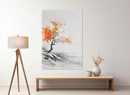 Minimalist Autumn Tree Painting – Japanese Wall Decor | Framed Canvas Art Ready to Hang