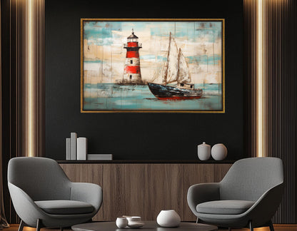 Nautical Wall Art - Rustic Lighthouse Canvas Print With Sailboat Painting, Framed & Ready To Hang
