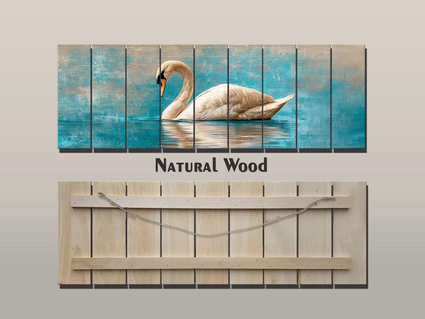 Swan Print Wood - Elegant Wildlife Wall Art | Rustic Farmhouse Beige Blue Painting