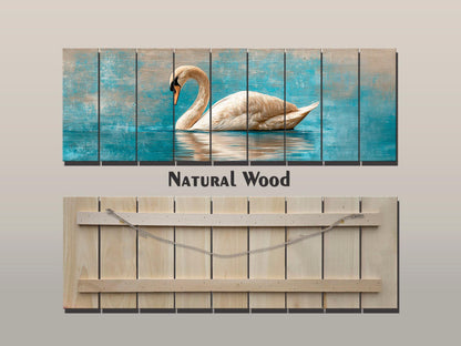 Swan Print Wood - Elegant Wildlife Wall Art | Rustic Farmhouse Beige Blue Painting