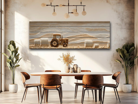 Vintage Tractor Wood Art – Rustic Barn Print on Beige Wood Plank Wall Decor