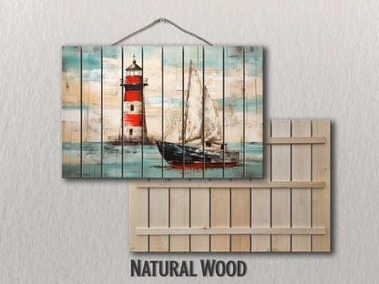Nautical Wall Art – Coastal Wooden Wall Decor with Lighthouse Print & Sailboat Artwork