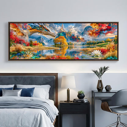 a large, colorful painting of a dragon and a landscape with mountains, water, and flowers hanging on a wall above a bed.