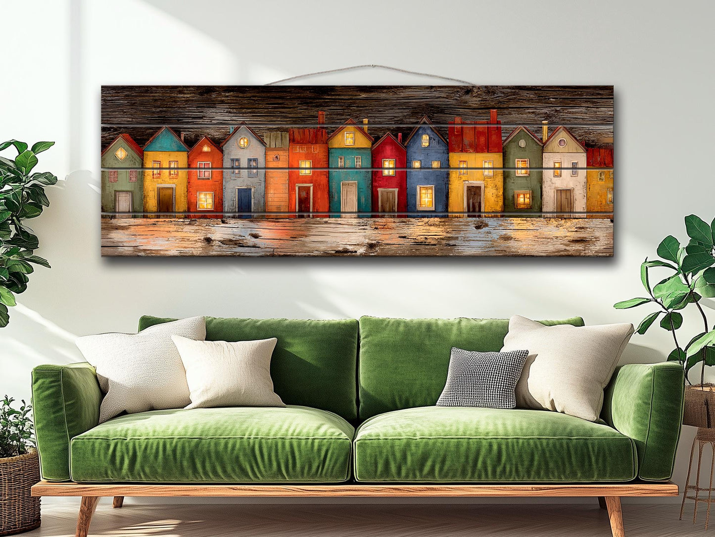 Wood Wall Art – Colorful Houses Print on Natural Wood with Glowing Windows