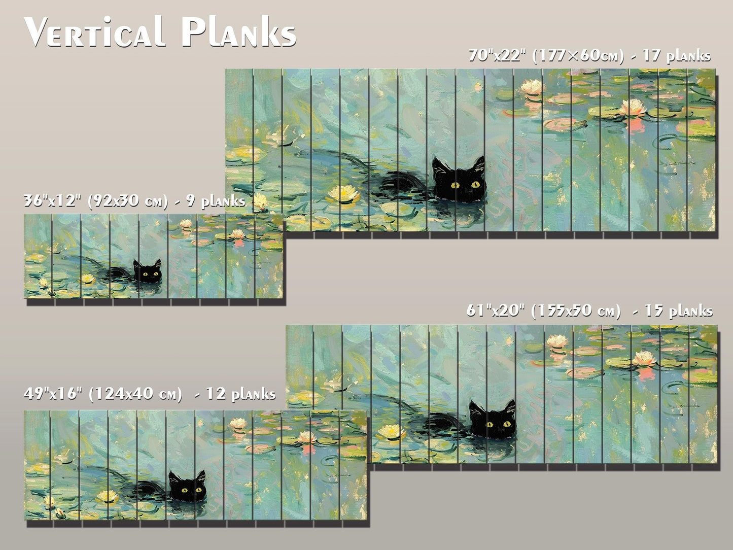 Wood Wall Art - Black Cat Swimming Among Water Lilies | Natural Wood Plank Print