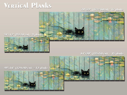 Wood Wall Art - Black Cat Swimming Among Water Lilies | Natural Wood Plank Print