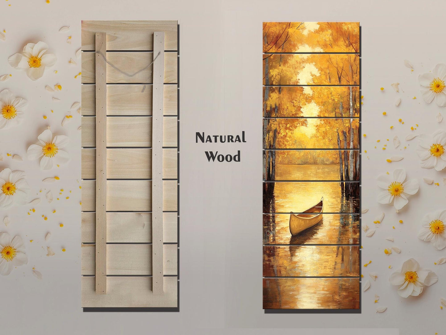 Canoe Painting Printed on Natural Wood – Golden Autumn Lake Scene – Rustic Cabin Wall Decor, Wood Wall Art