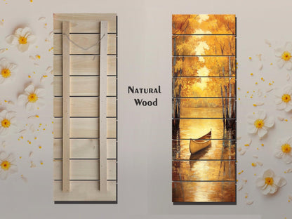 Canoe Painting Printed on Natural Wood – Golden Autumn Lake Scene – Rustic Cabin Wall Decor, Wood Wall Art
