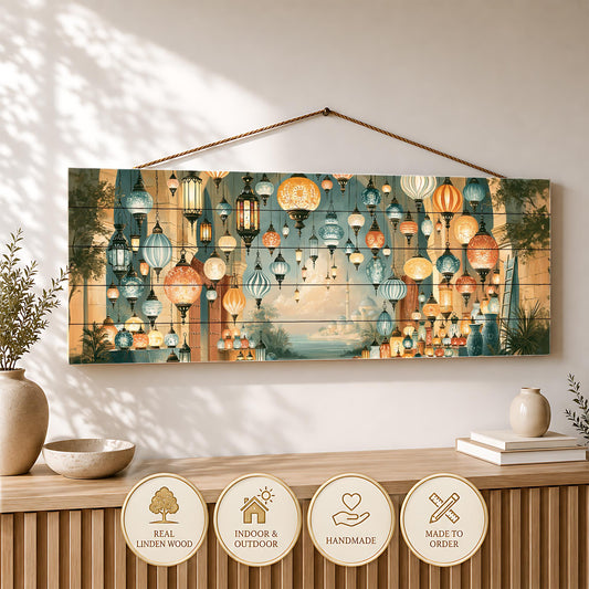 a large wall hanging with a vibrant display of colorful lanterns suspended from the ceiling, creating a warm and inviting atmosphere.