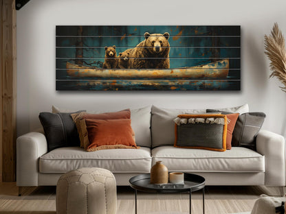 Grizzly Bear Wall Art – Rustic Wood Plank Print with Bear Family Nature Decor