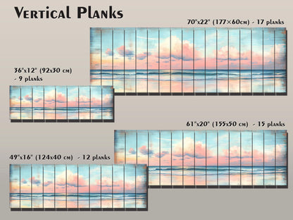 Wood Wall Art – Dreamy Pastel Skyline with Cotton Candy Clouds over Ocean Print on Natural Wood, Rustic Sea Beach Painting, Soft Tones Art