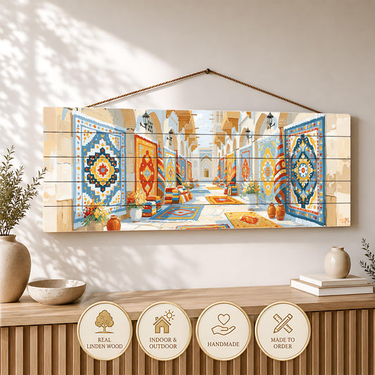 a wooden shelf with decorative items, including a vase, a bowl, and a book, as well as a framed artwork depicting a colorful hallway with rugs and lamps.