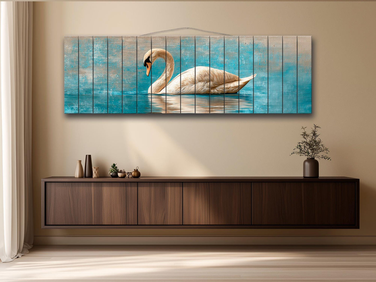 Swan Print Wood - Elegant Wildlife Wall Art | Rustic Farmhouse Beige Blue Painting