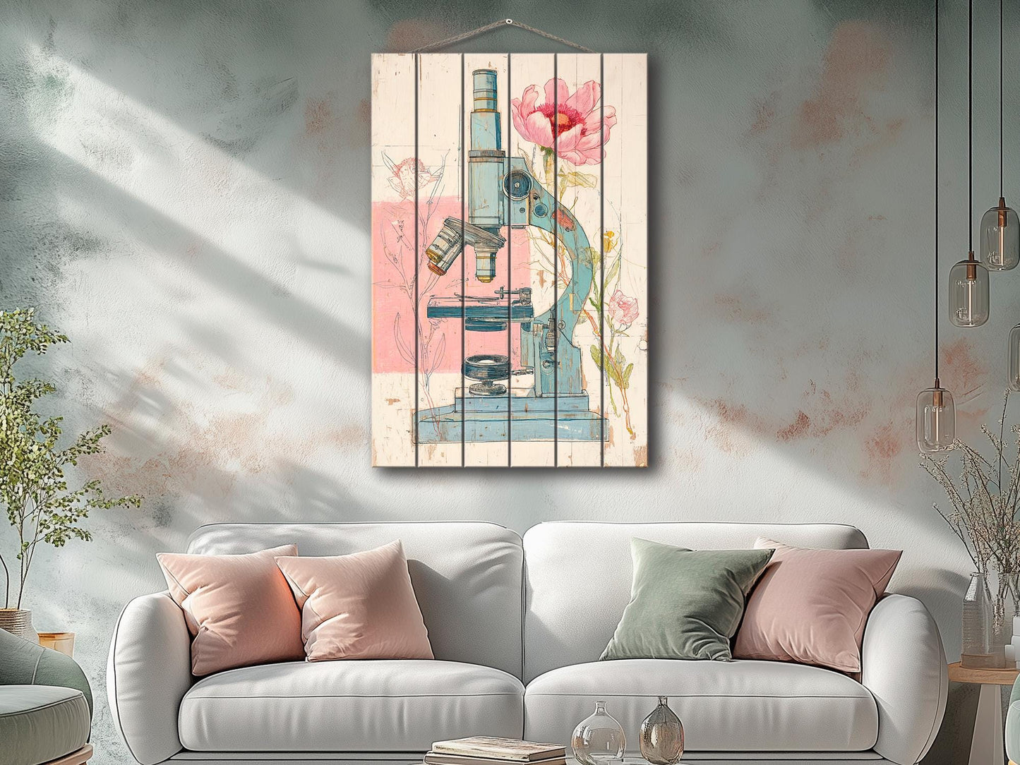 Rustic Wood Wall Art – Floral Microscope Print | Science Wall Decor On Wood Panel