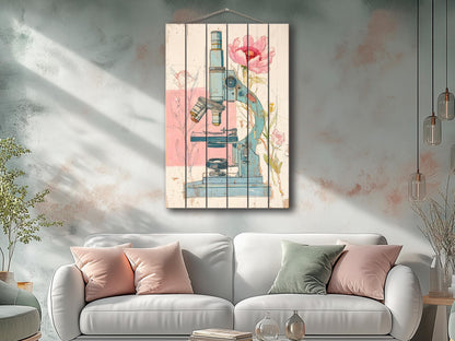 Rustic Wood Wall Art – Floral Microscope Print | Science Wall Decor On Wood Panel