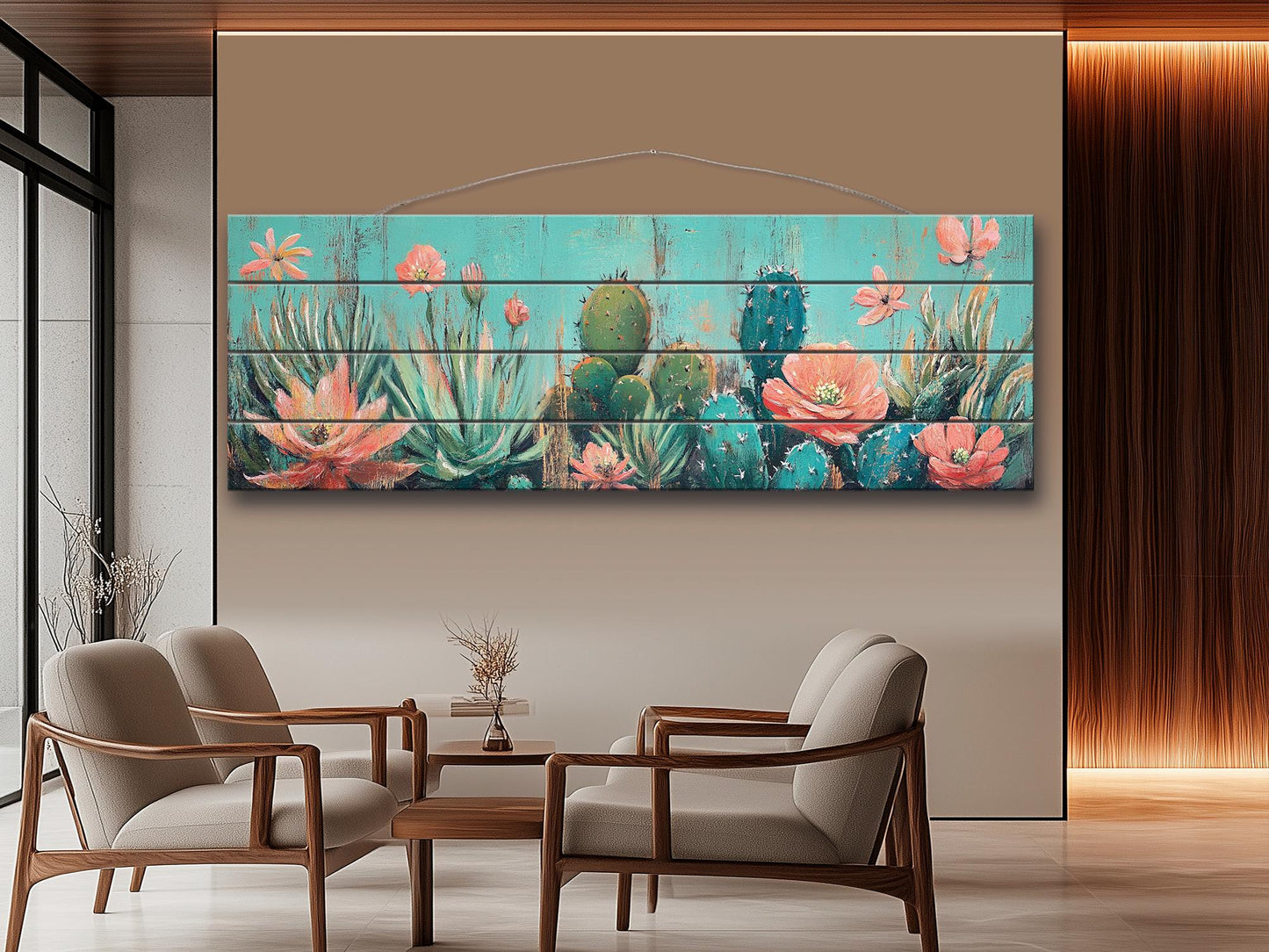 Cacti Garden with Blooming Succulents Print on Natural Wood, Rustic Flowers Painting, Cozy Cabin Wall Decor, Cactus Painting, Wood Wall Art