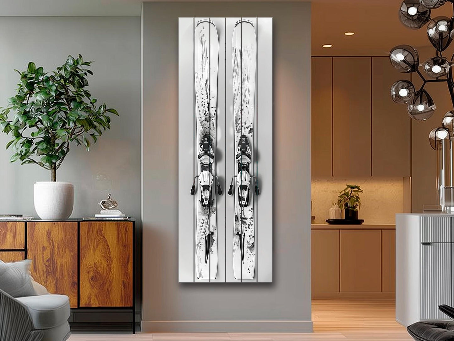 Minimalist Ski Print on Wood, Modern Skiing Wall Decor