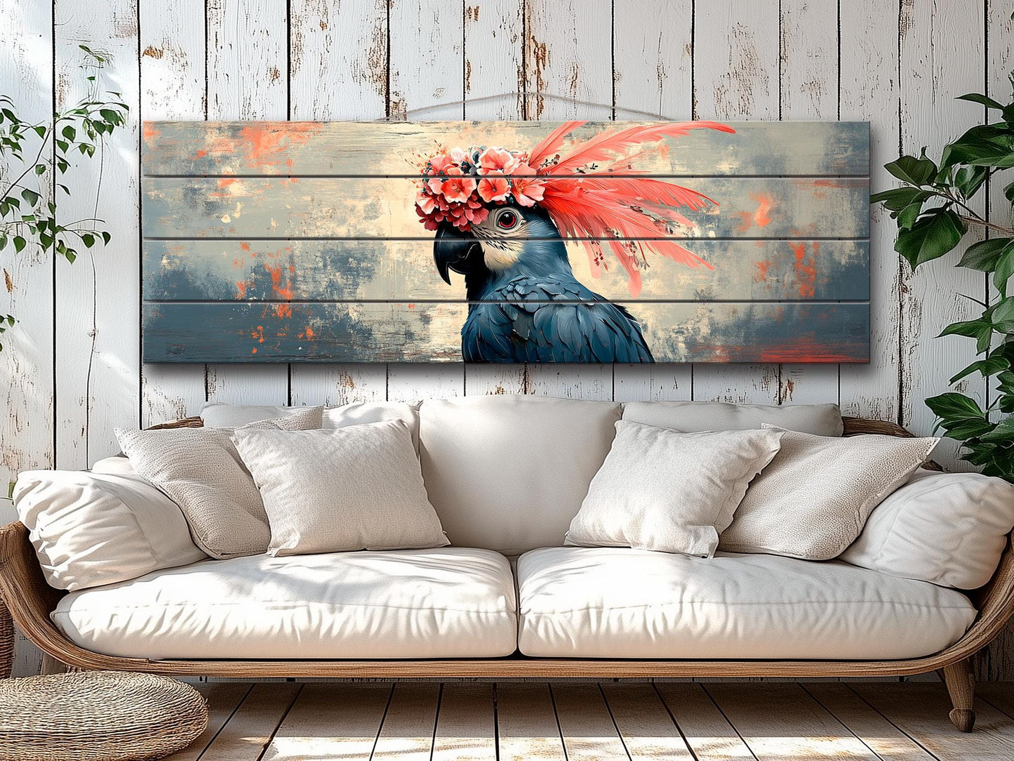 Wooden Wall Art - Abstract Parrot Painting on Natural Wood Planks | Rustic Tropical Bird Decor