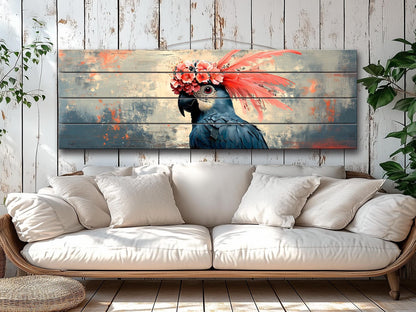 Wooden Wall Art - Abstract Parrot Painting on Natural Wood Planks | Rustic Tropical Bird Decor
