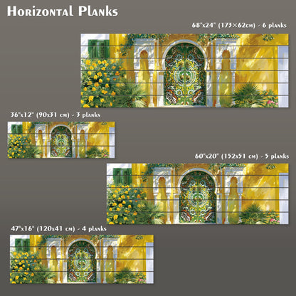 Moroccan Mosaic Door wood Print, Colorful Islamic Architecture Wall Art, Garden Entrance Painting