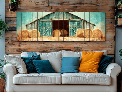 Rustic Barn Wall Art – Handcrafted Wood Plank Print with Hay Bales for Cozy Farmhouse Decor