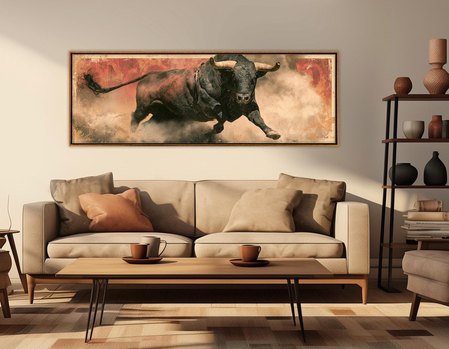 Rodeo Bull Canvas Print, Charging Bull Panorama, Large Western Wall Art, Framed and Ready to Hang