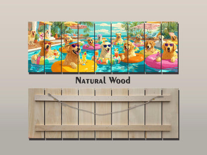 Golden Retriever Wall Art – Playful Pool Party Dog Print on Rustic Wood