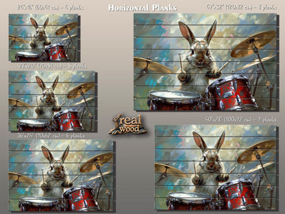 Rabbit Drummer Print on Wood, Funny Rabbit Musician Print, Drummer Gift, Musician Gift, Wood in Interior, Drums Wall Art, Wood Wall Art