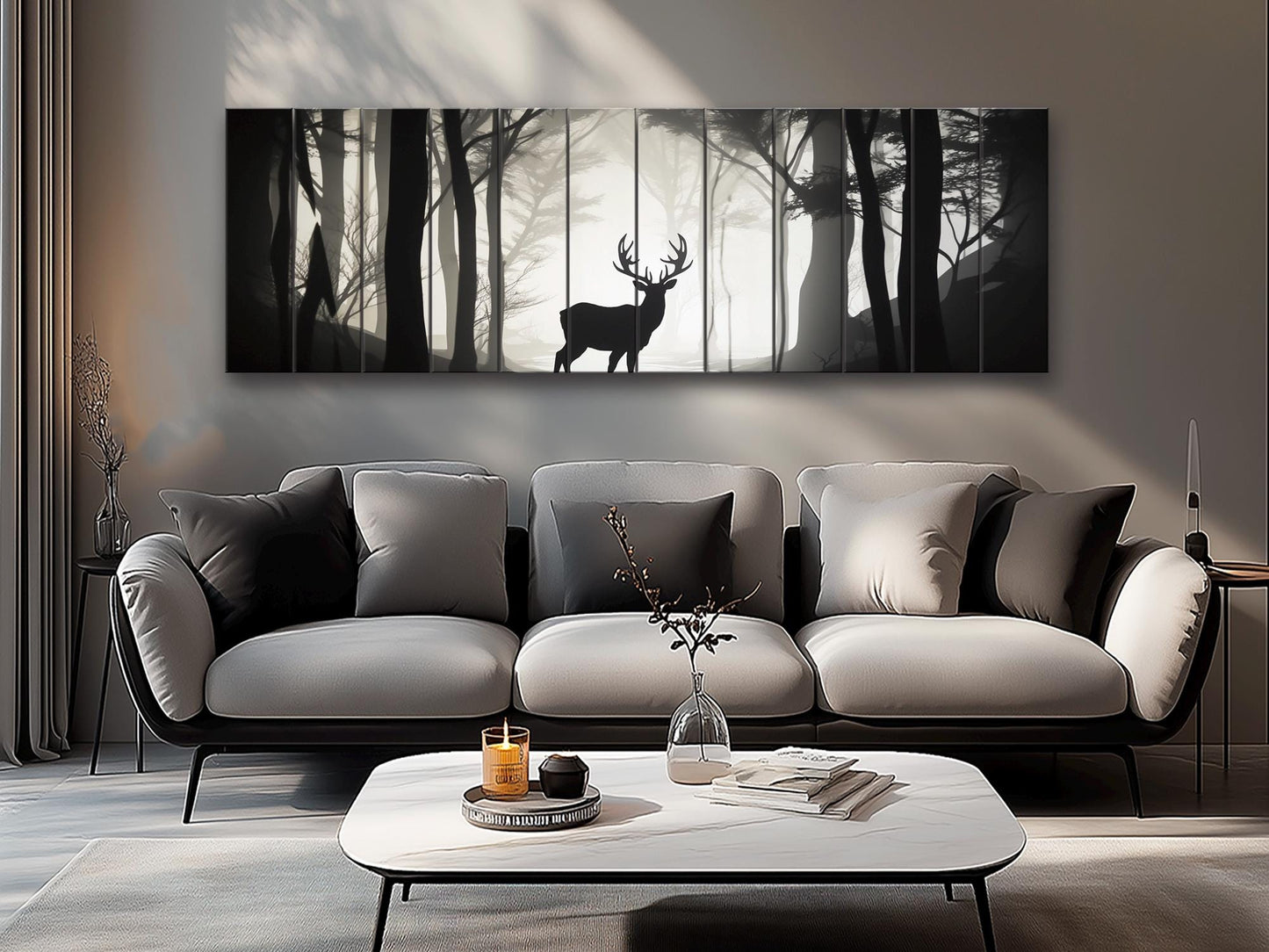Deer Silhouette in Forest Print On Natural Wood, Woodland Wall Art