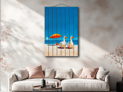 Wood Wall Art – Two Geese Sunbathing | Minimalist Farmhouse Wall Decor on Wood Planks