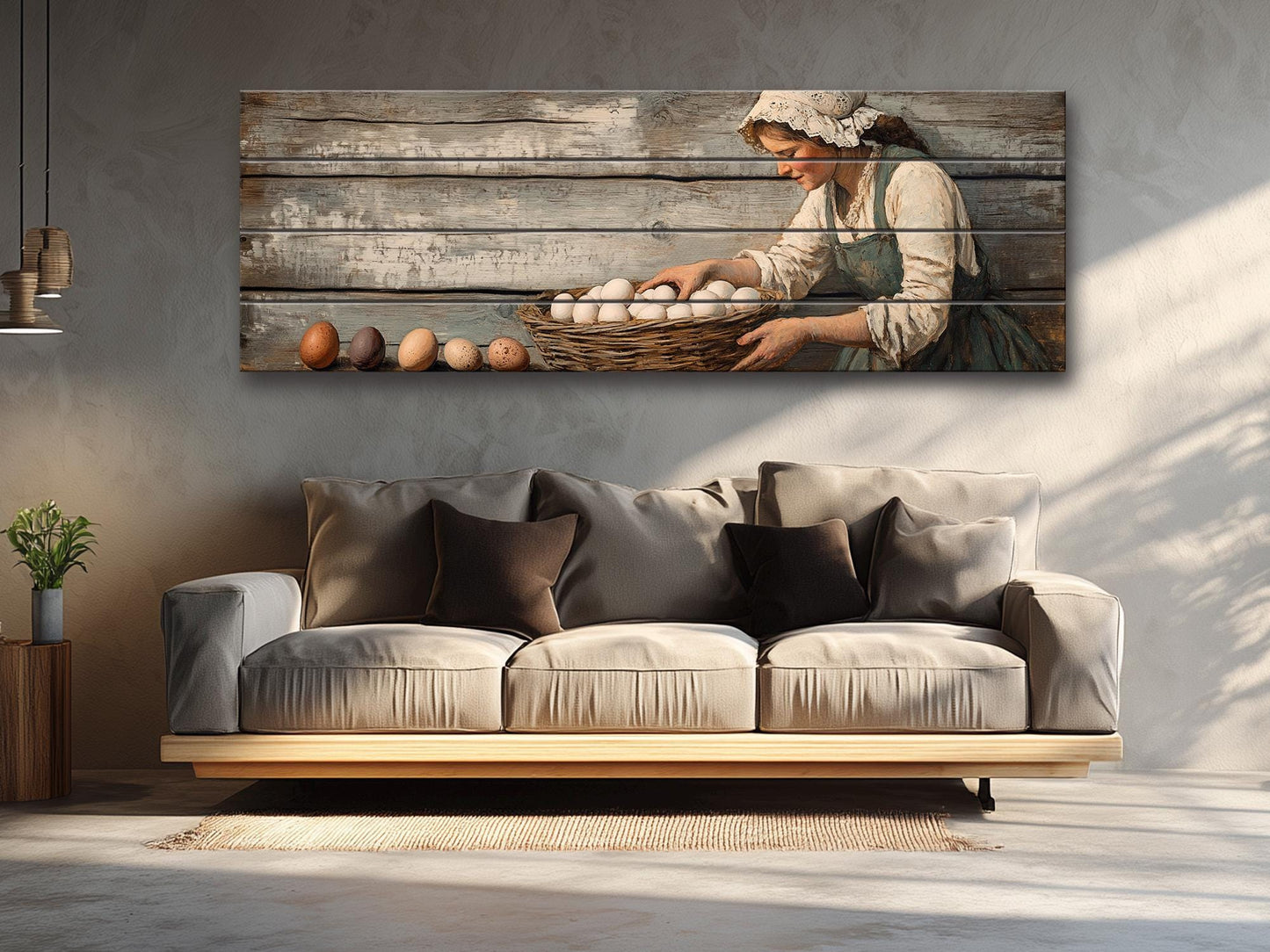 Rustic Wood Wall Art – Woman Collecting Eggs Print on Natural Wood Plank