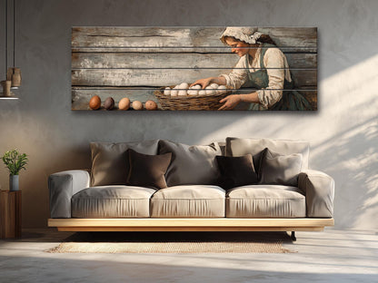 Rustic Wood Wall Art – Woman Collecting Eggs Print on Natural Wood Plank