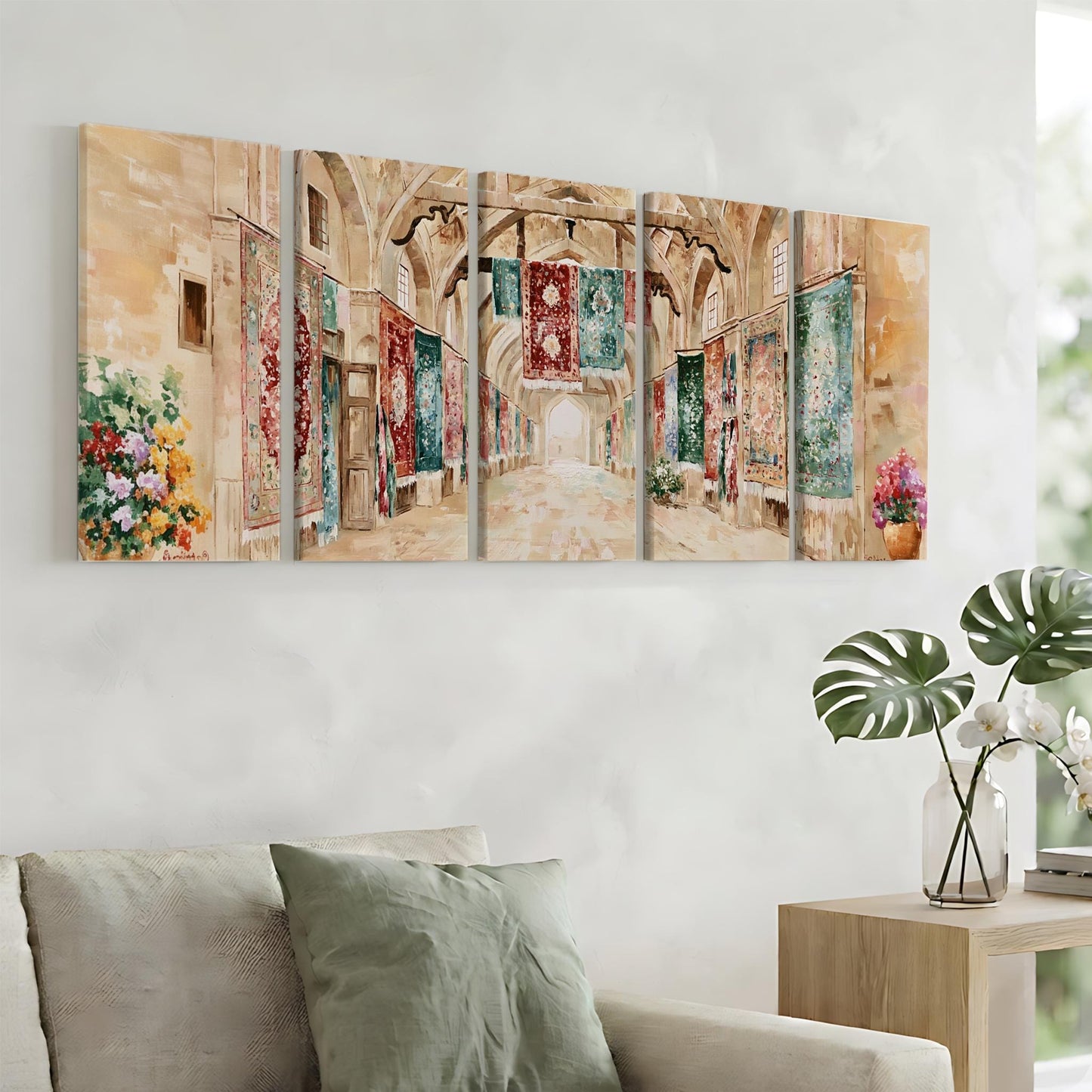 a large, colorful painting of a hallway with arched doorways and hanging tapestries, displayed on a wall above a couch in a living room setting.