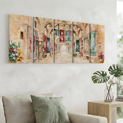 a large, colorful painting of a hallway with arched doorways and hanging tapestries, displayed on a wall above a couch in a living room setting.