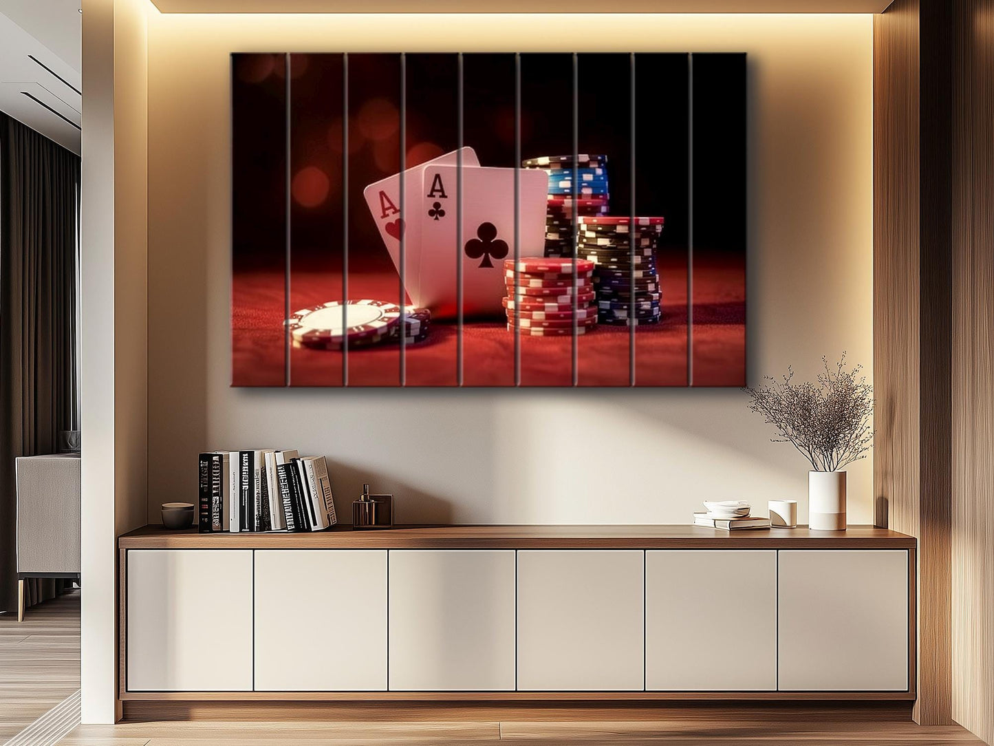 Poker Chips Wall Art – Rustic Wood Print | Casino Game Artwork on Wood Planks