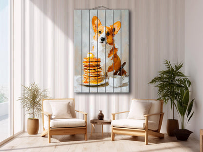 Wood Wall Art - Corgi Pancake Print | Rustic Wood Decor, Minimalist Dog Art