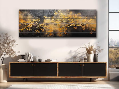 Wooden Wall Art – Gold Tree Branches Print on Natural Wood | Abstract Black & Gold Decor