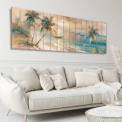 a large, white, two-seater sofa with a cozy throw blanket draped over the armrest. Above the sofa, there is a large, colorful painting depicting a tropical beach scene with palm trees, a boat, and a sunset.
