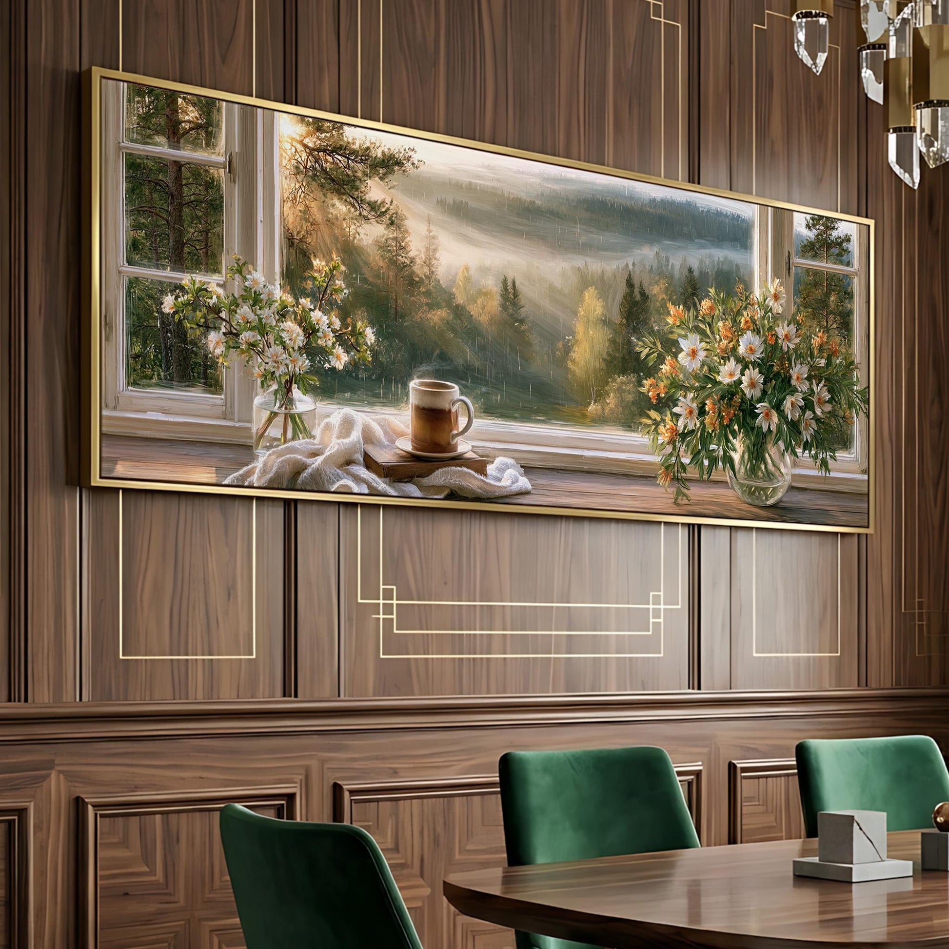 a large painting of a serene landscape with a vase of flowers and a cup of coffee on a windowsill, set against a wooden wall with a chandelier hanging above.