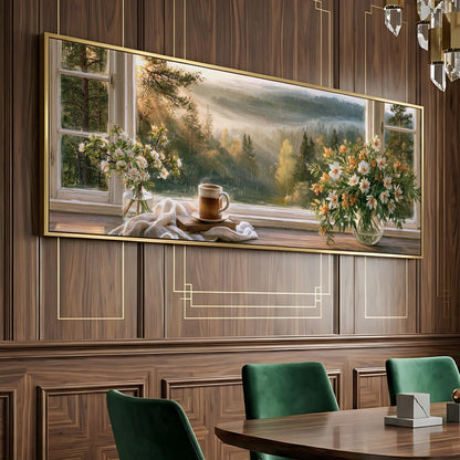 a large painting of a serene landscape with a vase of flowers and a cup of coffee on a windowsill, set against a wooden wall with a chandelier hanging above.