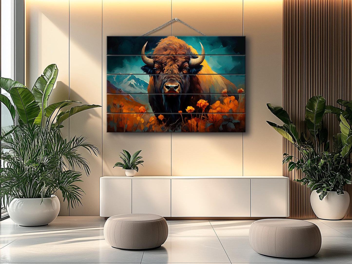 Rustic Wood Wall Art – Bison Abstract Painting on Natural Wood Planks
