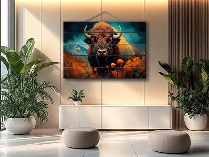 Rustic Wood Wall Art – Bison Abstract Painting on Natural Wood Planks