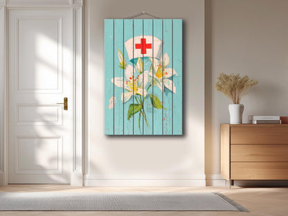 Rustic Wood Wall Art – Nurse Cap Wall Decor with Lilies – Farmhouse Medical Art Printed on Wood