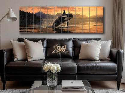 Orca Wall Art – Large Abstract Orca Jump Painting | Natural Wood Print Decor