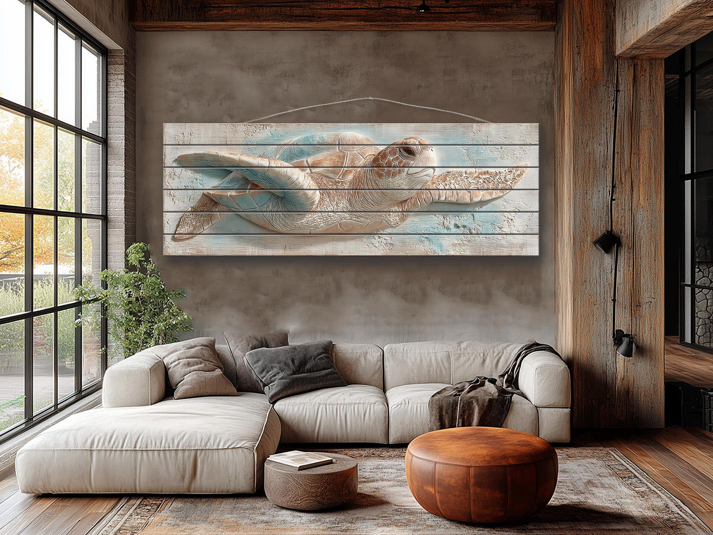 Sea Turtle Wood Art – Rustic Wood Decor | Coastal Ocean Wall Decor with Blue Beige Accents