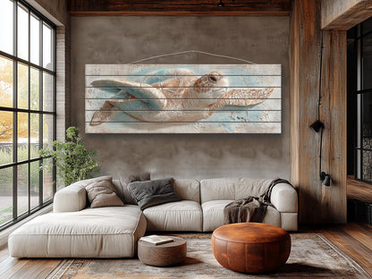 Sea Turtle Wood Art – Rustic Wood Decor | Coastal Ocean Wall Decor with Blue Beige Accents