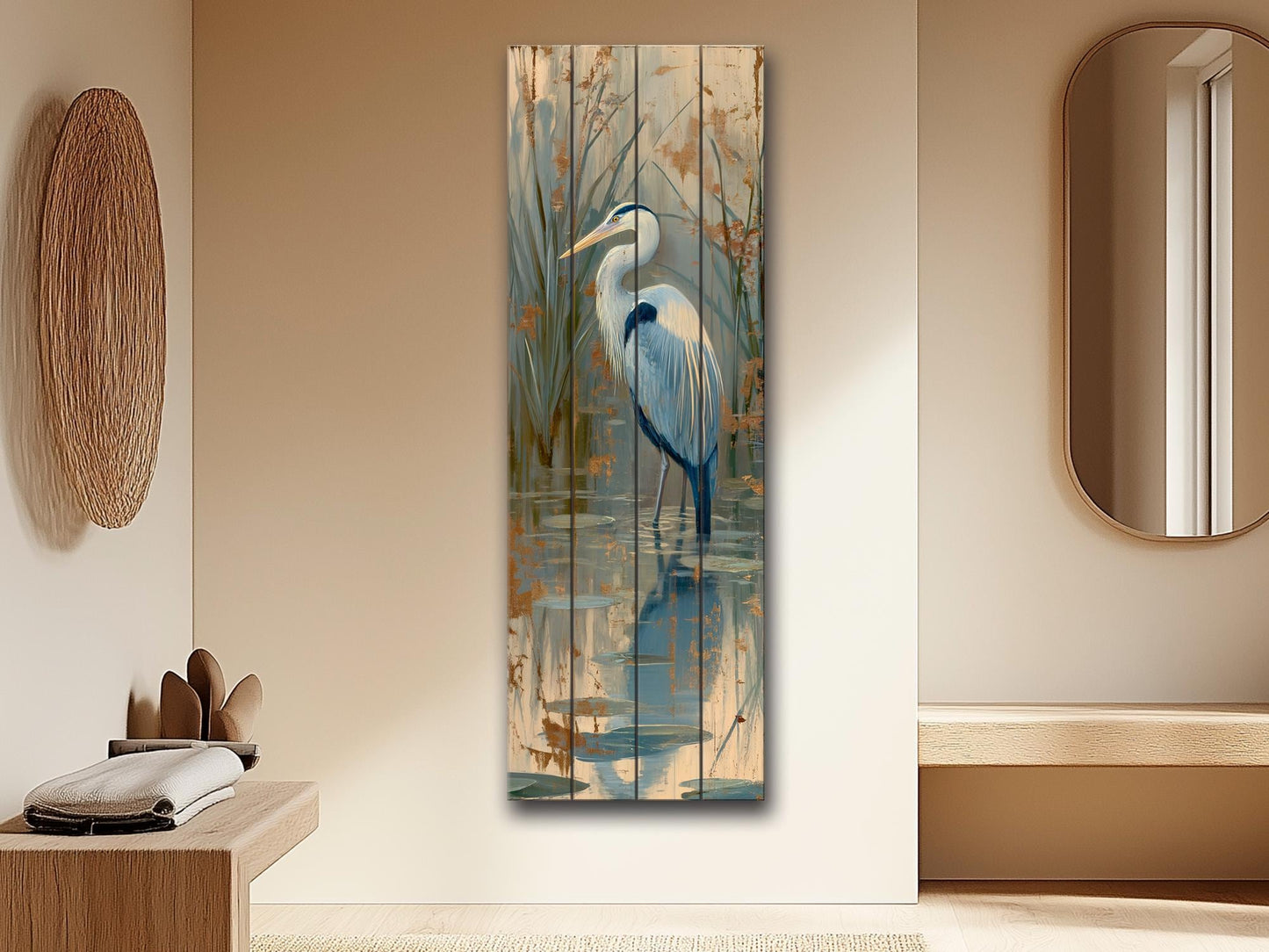 Heron in a Lake Rustic Print on Natural Wood, Cozy Cabin Wall Decor