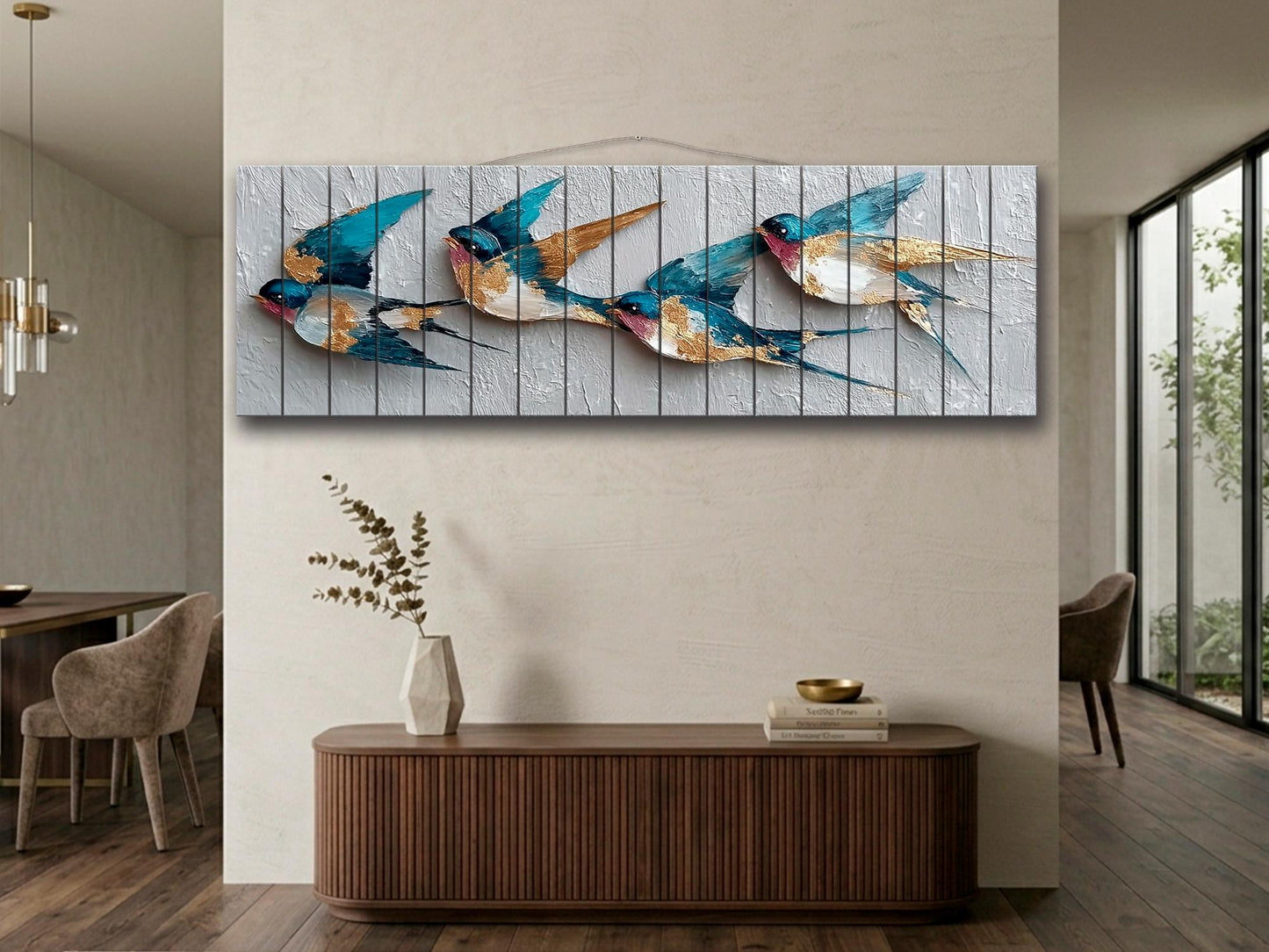 Flying Swallows Print on Natural Wood, Rustic Spring Wall Art