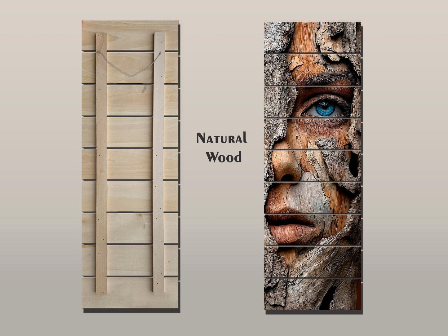 Beautiful Woman Face Print on Wood – Carved Bark Wall Art, Rustic Wall Decor