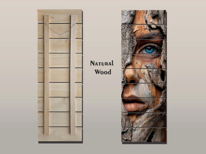 Beautiful Woman Face Print on Wood – Carved Bark Wall Art, Rustic Wall Decor